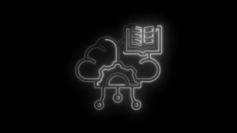Neon cloud data processing gear book knowledge icon animation technology concept Stock Footage 333953017