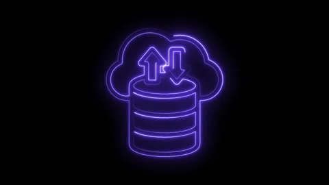 Neon cloud database with upload download arrows animated glowing purple on .. Stock Footage 346014438