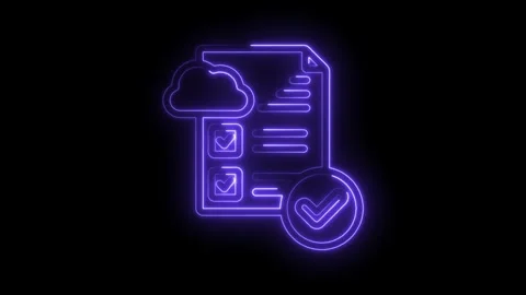 Neon cloud document with checklist and verified checkmark glowing purple on.. Stock Footage 346014158