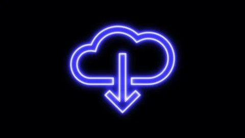 Neon cloud with downward arrow on black background. Stock Illustration