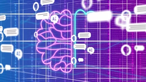 Neon cloud forming left, growing into pink brain while cyan circuit half Stock Footage 334337889