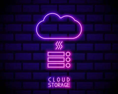 Neon cloud hosting icon. Glowing neon cloud service, online datacenter in viv Stock Illustration
