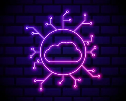 Neon cloud hosting icon. Glowing neon cloud service, online datacenter in viv Stock Illustration