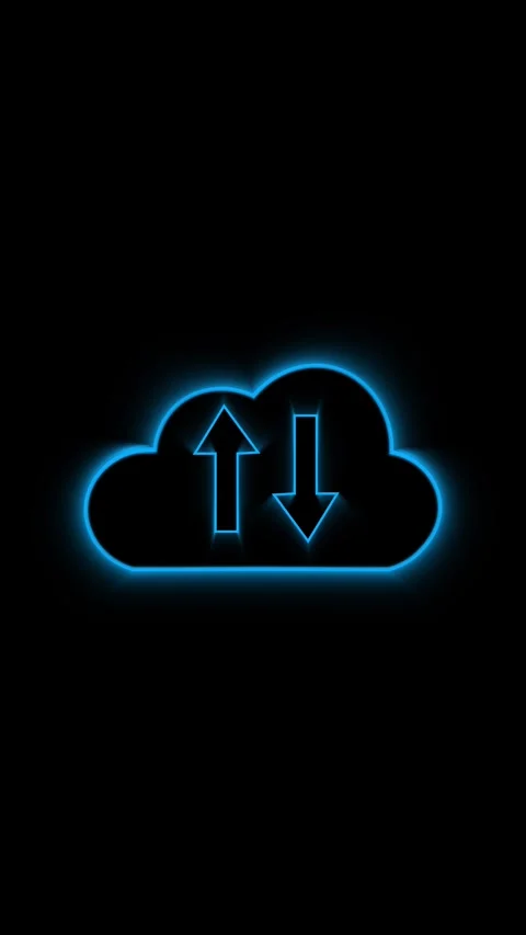 Neon cloud icon with up and down arrows on a dark background. Cloud icon fo.. Stock Footage 345966005