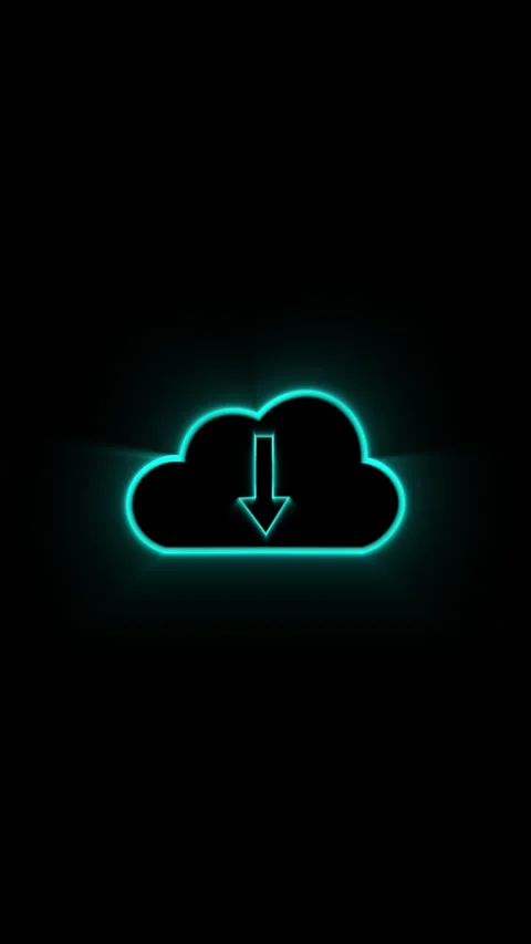 Neon cloud icon with downward arrow on a dark background art. Cloud icon fo.. Stock Footage 345965996