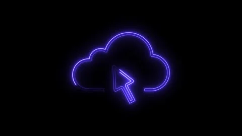 Neon cloud icon with pointer animation on black background for digital tech.. 스톡 동영상 308215302