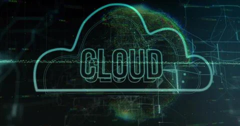 Neon cloud icon showing CLOUD hovering over grid with numeric data streams and Foto stock