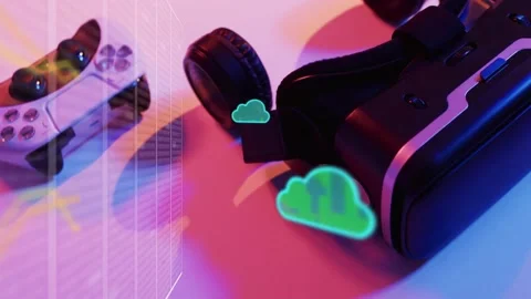 Neon cloud icons appearing on frame 3 at VR headset strap, pulsing, moving, Stockbeeldmateriaal 335465606