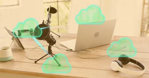 Neon cloud icons appearing by microphone starting glowing lines syncing audio to Vídeos de archivo 316890523