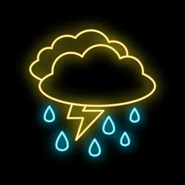 Neon cloud with lightning and rain icon Stock Illustration