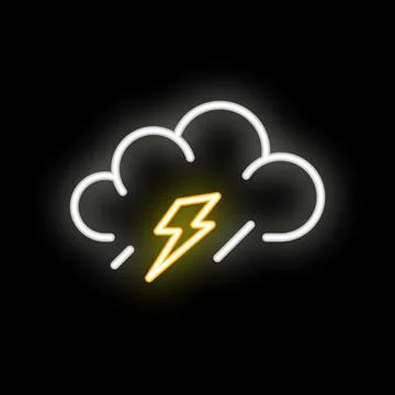 Neon cloud with lightning bolt and rain glowing on black background Stock Illustration