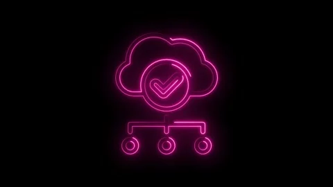 Neon cloud network connection with checkmark icon glowing pink on black Stock Footage 333963988