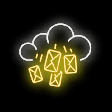 Neon cloud raining email envelopes on black background Illustrazione stock