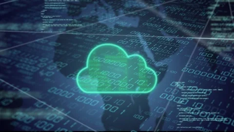 Neon cloud receiving incoming binary, pulsing expanding, filling with binary, Stock Footage 335739567