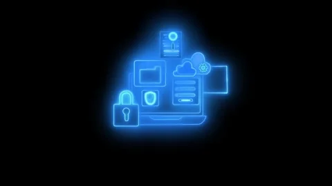 Neon cloud security icons on laptop animation Stock Footage 336887867