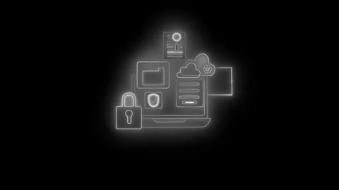 Neon cloud security icons on laptop animation Stock Footage 336887870