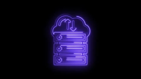 Neon cloud server icon with upload download arrows glowing purple on black Stock Footage 333968040