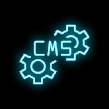 Neon cms acronym inside glowing cogwheel working gears on black background Stock Illustration