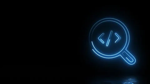 Neon code search icon with magnifying glass on reflection surface for software Stock Footage 345600758