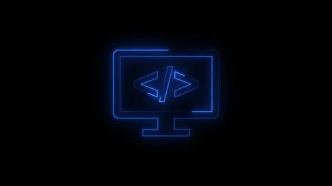 Neon code symbol on computer monitor in dark environment with copy space Stock Footage 345942774
