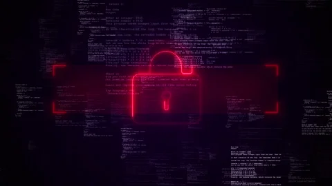 Neon code unlock cyber security background glowing lock icon, programming text Stock Footage 340084432