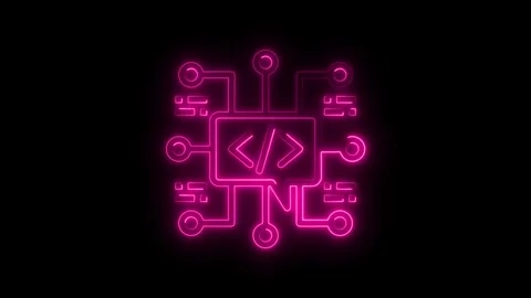 Neon coding icon circuit board animation on black background seamless loop Stock Footage 308606008