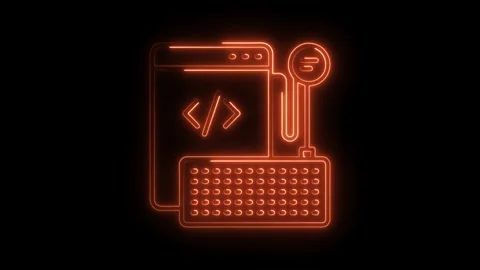 Neon coding interface animation featuring code,keyboard and settings with a.. Stock Footage 308997300