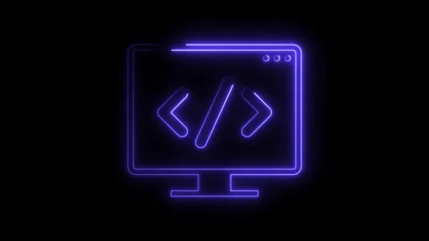 Neon coding symbol animation on computer screen black background 動画素材 308216689