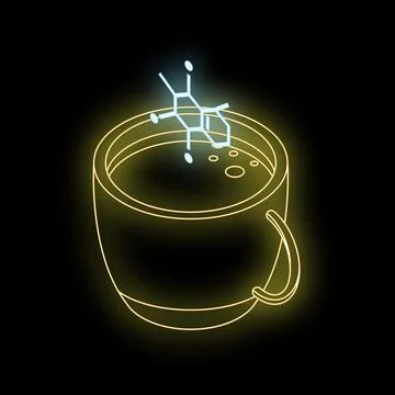 Neon coffee cup with caffeine molecule, symbolizing energy boost and potentia Stock Illustration