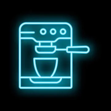 Neon coffee machine icon glowing on black background Stock Illustration