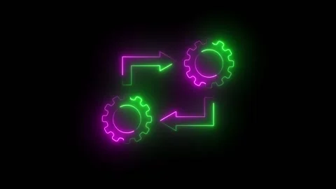 Neon cogwheels rotating with arrow animation isolated on black background Stock Footage 321648848