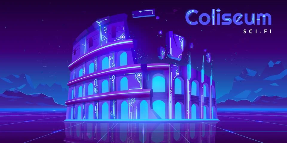 Neon Coliseum on retro sci-fi glowing background Stock Illustration