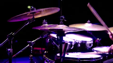 Neon color, close-up. drum kit, drummer Stock Footage 302298253