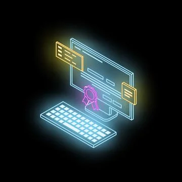 Neon colored computer showing award winning online education platform イラスト素材