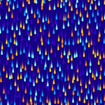 Neon colored drops on dark blue background, seamless vector pattern. Stock Illustration