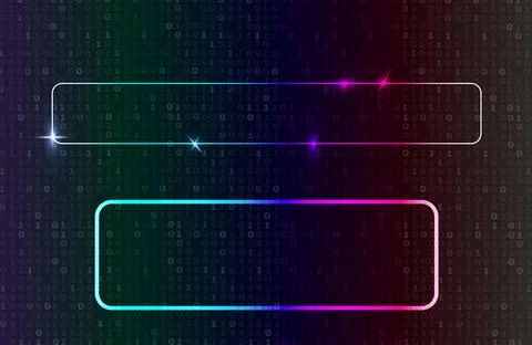 Neon colored frames on the background of binary code, abstract backdrop. Stock Photos