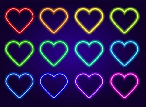 Neon colored hearts set. isolated elements glow in the dark line of red, blue Stock Illustration