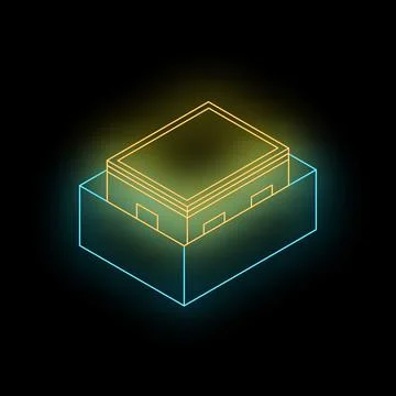 Neon colored isometric building under construction on black background Stock Illustration