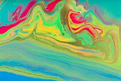 Neon colored marble pattern with golden glitter. Fluorescent liquid background Stock Illustration