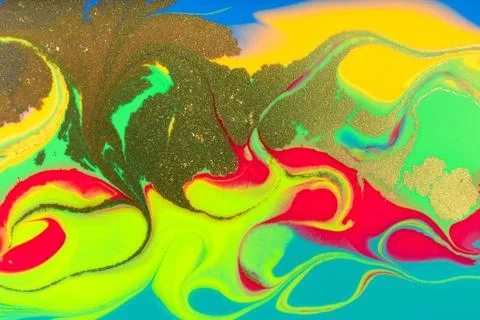 Neon colored marble pattern with golden glitter. Fluorescent liquid background Illustrazione stock