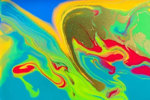 Neon colored marble pattern with golden glitter. Fluorescent liquid background Stock Illustration