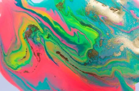 Neon colored marble pattern with golden glitter. Fluorescent liquid background Stock Illustration