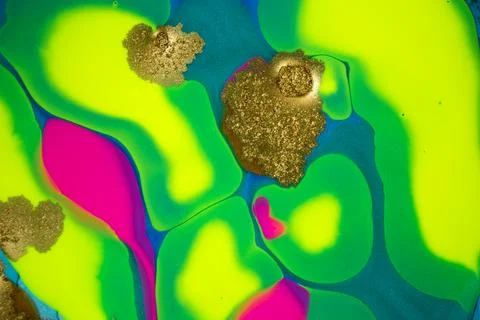 Neon colored marble pattern with golden glitter. Fluorescent liquid background Stock Illustration