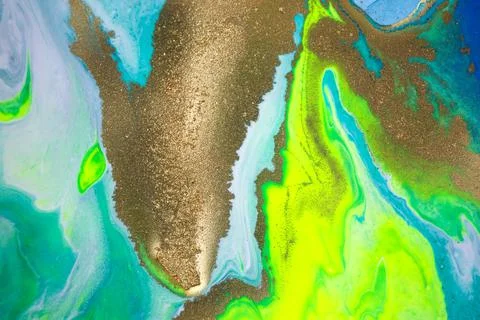 Neon colored marble pattern with golden glitter. Fluorescent liquid background Stock Illustration