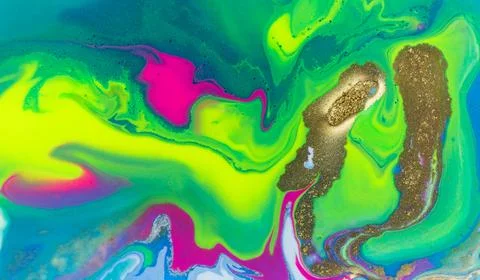 Neon colored marble pattern with golden glitter. Fluorescent liquid background Stock Illustration