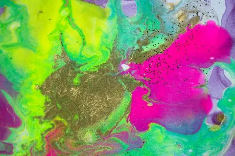 Neon colored marble pattern with golden glitter. Fluorescent liquid background Stock Illustration