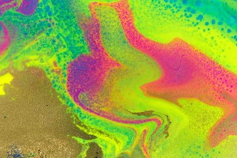 Neon colored marble pattern with golden glitter. Fluorescent liquid background Stock Illustration