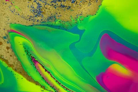 Neon colored marble pattern with golden glitter. Fluorescent liquid background Stock Illustration