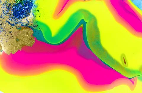 Neon colored marble pattern with golden glitter. Fluorescent liquid background Stock Illustration