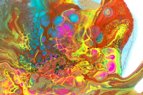 Neon colored marble pattern with golden glitter. Fluorescent liquid background Illustrazione stock